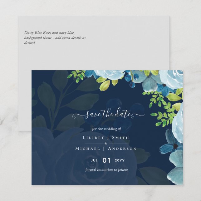 Cartão Postal Casamento de Sábado com Flores Azuis com Dusty (Frente/Verso)