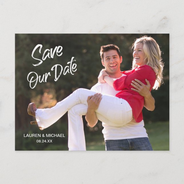 Cartão Postal Casamento de Salvar a Data com Letra de Pincel Bra (Frente)