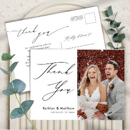 Cartão Postal Casamento de Script Elegante Branco Natural Obriga