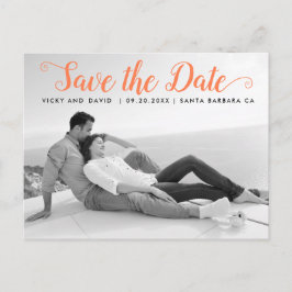 Cartão Postal Casamento de script moderno de coral Salve a foto 