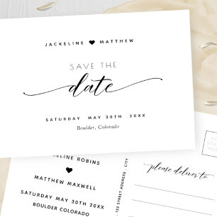 Cartão Postal Casamento de Script Preto e Branco Elegante Salvar