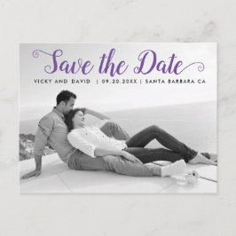 Cartão Postal Casamento de script roxo moderno Salve a foto de D