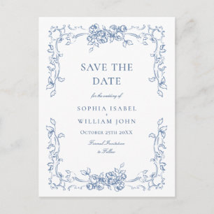 Cartão Postal Casamento de Toile Francês Azul Elegante Salvar a
