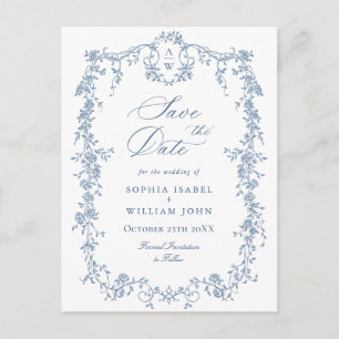 Cartão Postal Casamento de Toile Francês Azul Elegante Salvar a