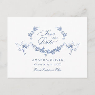 Cartão Postal Casamento de Toile Francês Azul Elegante Salvar a