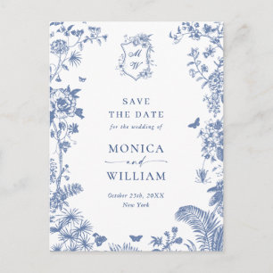 Cartão Postal Casamento de Toile Francês Azul Elegante Salvar a 