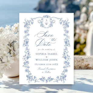 Cartão Postal Casamento de Toile Francês Azul Elegante Salvar a 