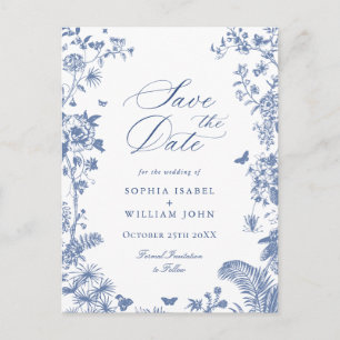 Cartão Postal Casamento de Toile Francês Azul Elegante Salvar a 