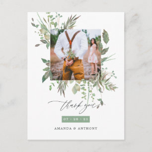 Cartão Postal Casamento de Vegetação em Aquarela Obrigado