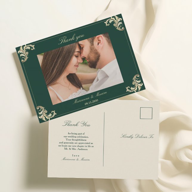 Cartão Postal Casamento Dourado Barroco Emerald Green - Obrigado (Criador carregado)