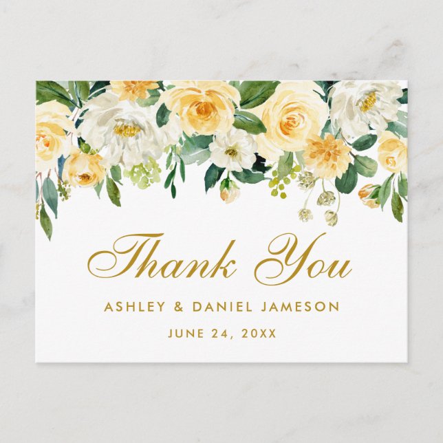 Cartão Postal Casamento Dourado Branco Amarelo Elegante Obrigado (Frente)