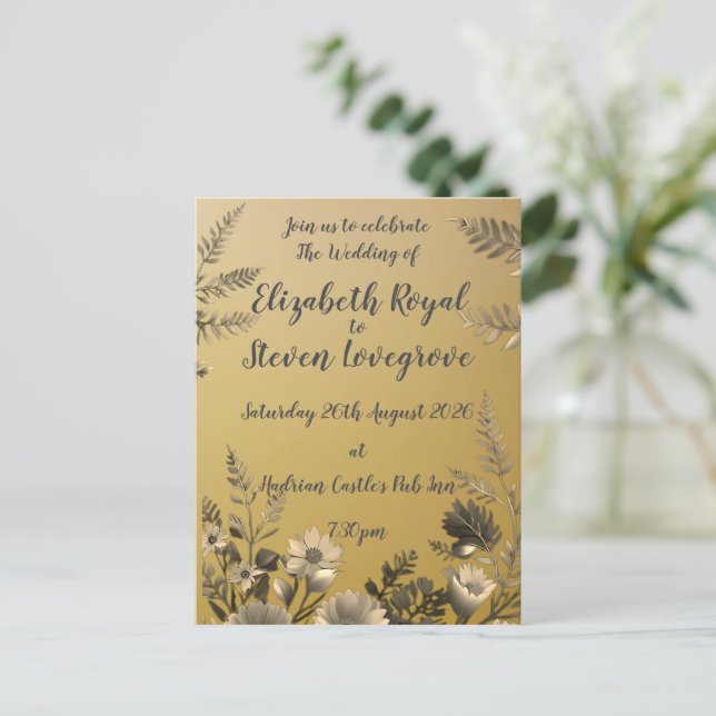 Cartão Postal Casamento Dourado, claro e simples, com Design Flo (Em pé/Frente)