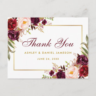 Cartão Postal Casamento Dourado com Watercolor Floral Burgundy O