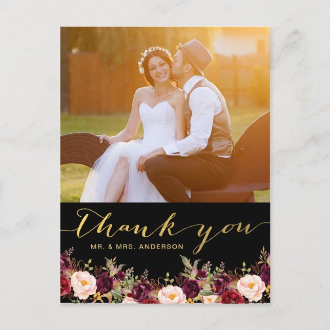 Cartão Postal Casamento Dourado de Foto Floral Black Burgundy Ob (Frente)