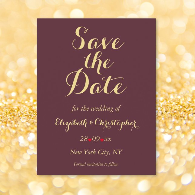 Cartão Postal Casamento Dourado Elegante Burgundy Faux Salvar a  (Elegant Burgundy Faux Gold Wedding Save the Date Postcard)