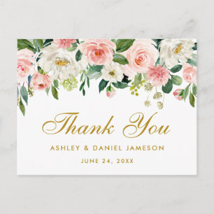 Cartão Postal Casamento Dourado Floral Branco-Rosa Elegante Obri