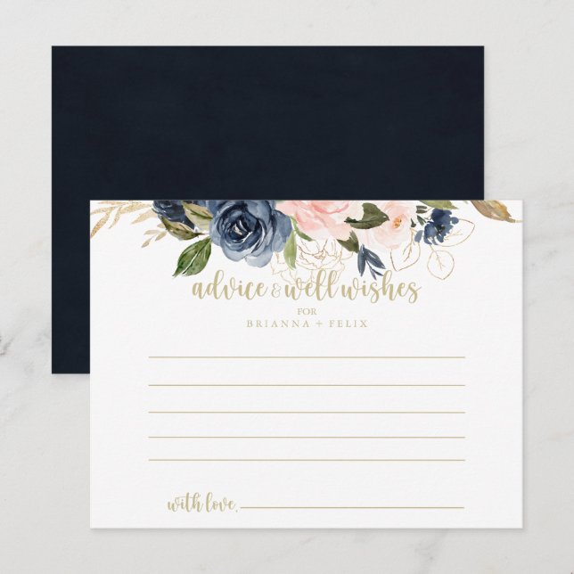 Cartão Postal Casamento Dourado Floral com marinho Blush (Frente/Verso)