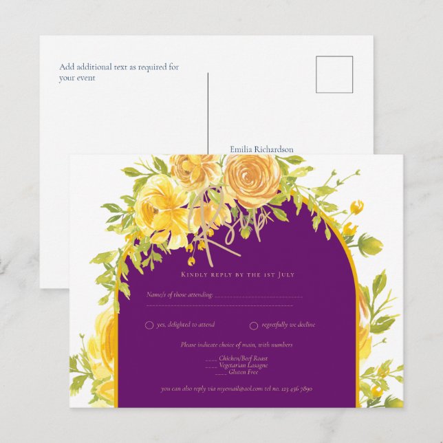 Cartão Postal Casamento Dourado Roxo Púrpura da Magenta Amarela (Frente/Verso)