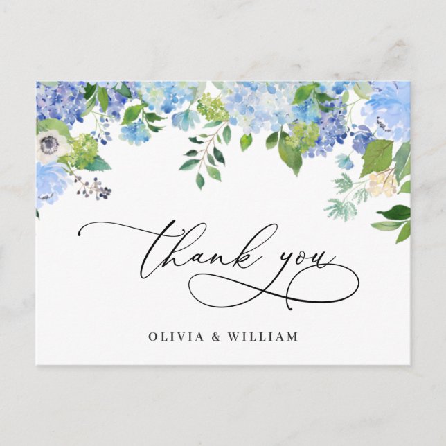 Cartão Postal Casamento Elegante Blue Hydrangea Greenery Obrigad (Frente)