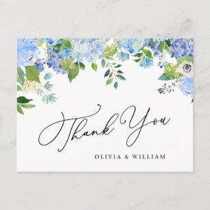 Cartão Postal Casamento Elegante Blue Hydrangea Greenery Obrigad