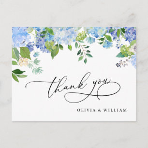 Cartão Postal Casamento Elegante Blue Hydrangea Greenery Obrigad