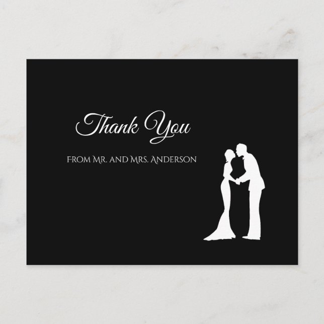 Cartão Postal Casamento Elegante Branco e Negro Simples Obrigado (Frente)