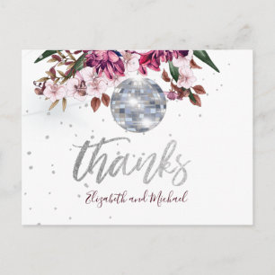 Cartão Postal Casamento Elegante Burgundy Prata Disco Obrigado