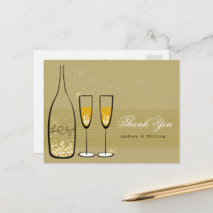Cartão Postal Casamento Elegante Dourado de Champanhe Obrigado