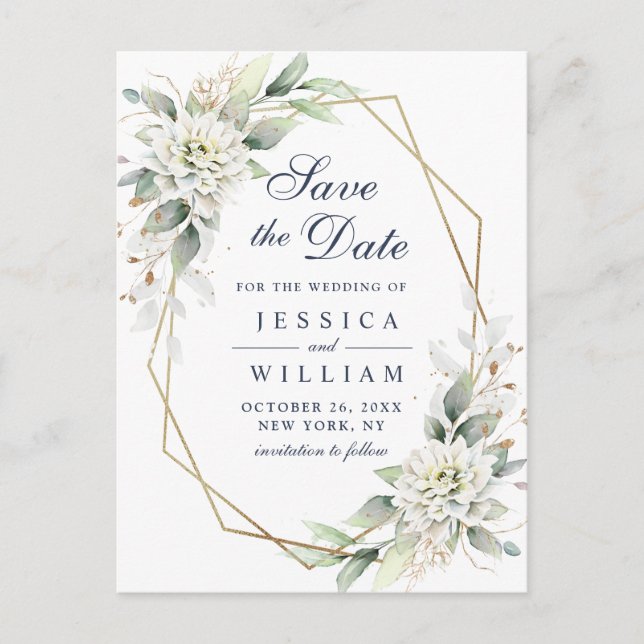 Cartão Postal Casamento Elegante Dusty Blue Greenery Salvar a Da (Frente)