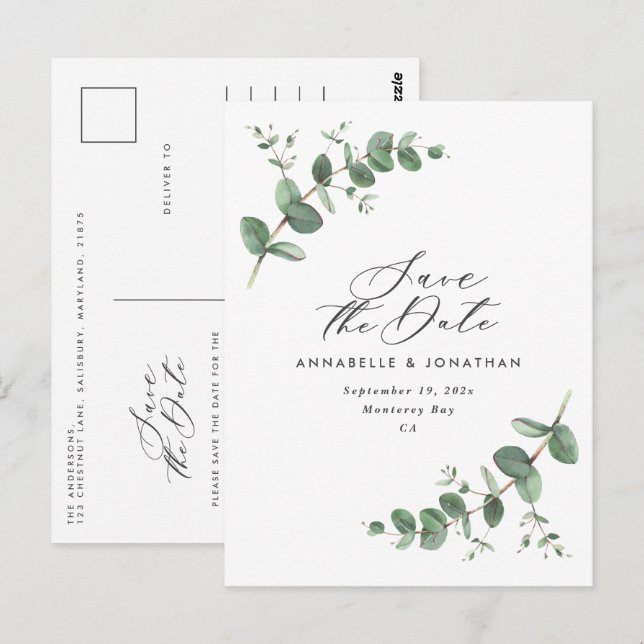 Cartão Postal Casamento elegante e moderno Eucalyptus salva a da (Frente/Verso)