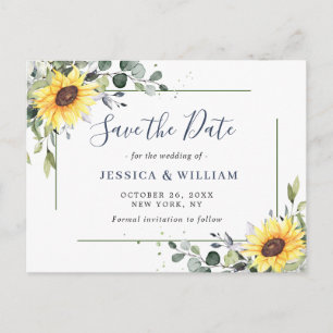 Cartão Postal Casamento Elegante Eucalyptus Girassol Salvar a Da