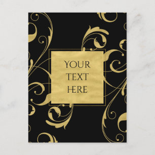 Cartão Postal Casamento Elegante Floral em Preto e Dourado Falso