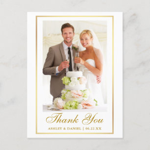 Cartão Postal Casamento Elegante Foto Quadro Dourado Obrigado