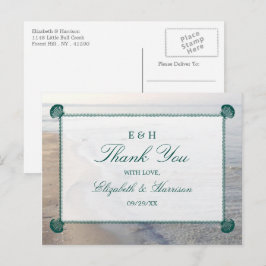 Cartão Postal Casamento Elegante Monograma & Teal Scallop Beach