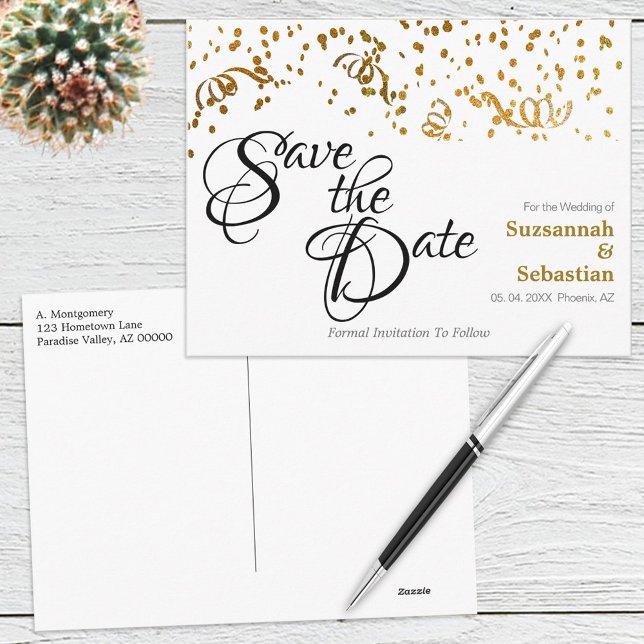 Cartão Postal Casamento Elegante Salve a Data Dourada Confetti (Criador carregado)