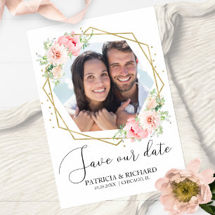 Cartão Postal Casamento Elegante Save the Date Floral Blush com 