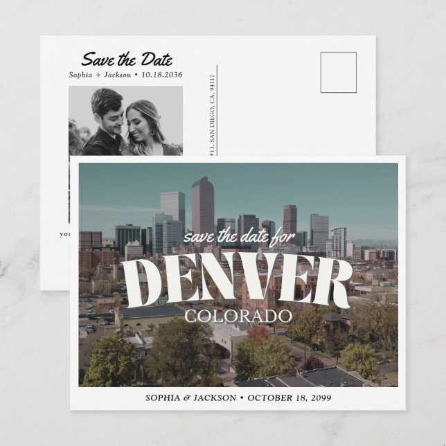 Cartão Postal Casamento em Denver - Salve a Data Retro Destino (Frente/Verso)