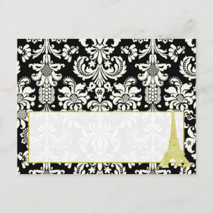 Cartão Postal Casamento em Paris Black Damask Writable Place Car