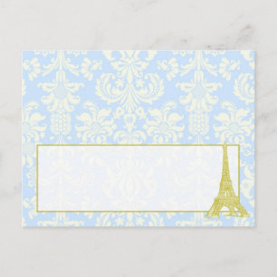 Cartão Postal Casamento em Paris Blue Damask Writable Place Card
