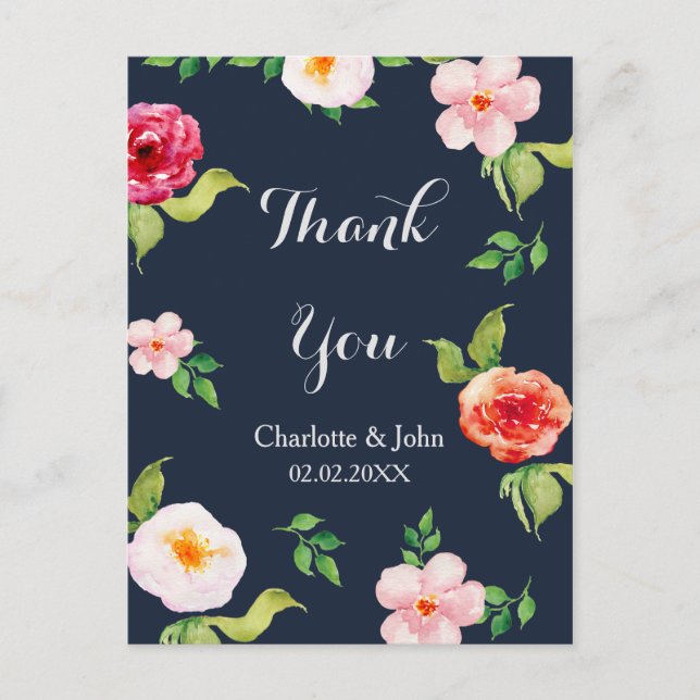 Cartão Postal casamento entre marinhos e flores de aquarela prat (Frente)