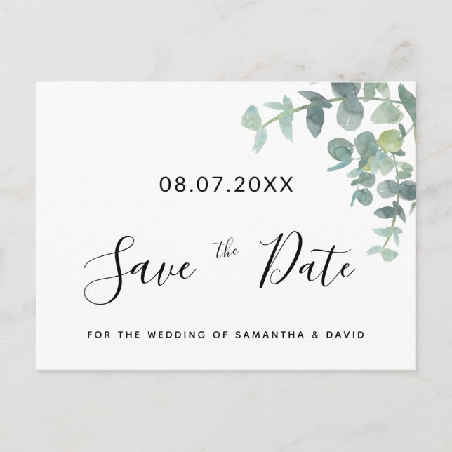 Cartão Postal Casamento Eucaluptus greenery, salvar a data (Frente)