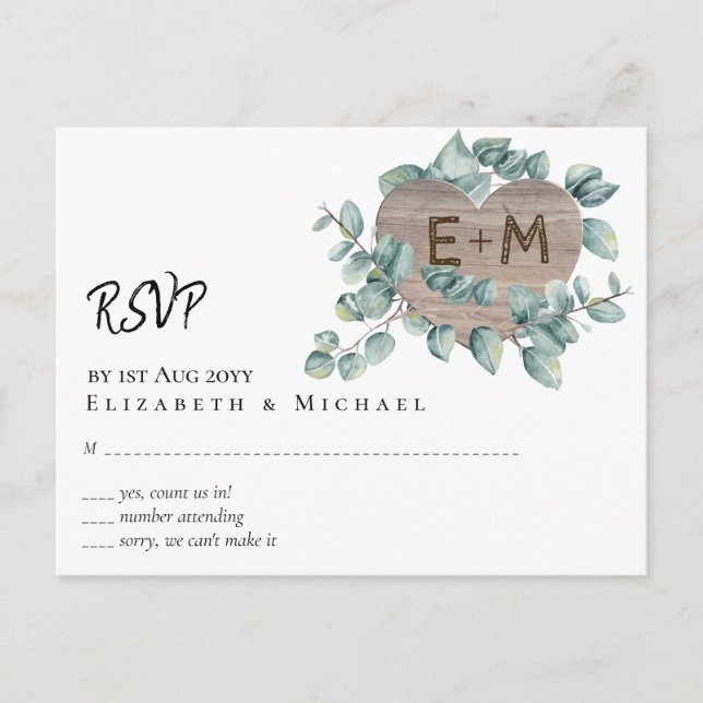 Cartão Postal Casamento Eucalyptus - Monograma de Aquarela Verde (Frente)
