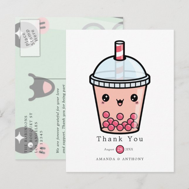 Cartão Postal Casamento Floral Aquarela Verde e Branco Obrigado (Frente/Verso)