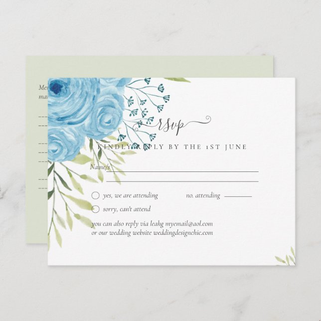 Cartão Postal Casamento Floral Azul Aqua (Frente/Verso)