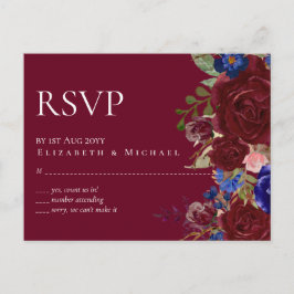 Cartão Postal Casamento Floral Azul Burgundy Elegante e Econômic