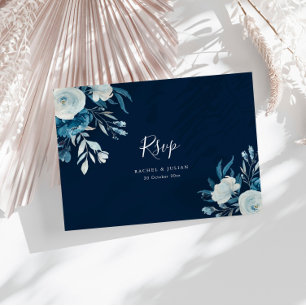 Cartão Postal Casamento floral azul de aquarela RSVP