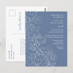 Cartão Postal Casamento Floral Azul Elegante