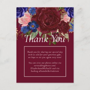 Cartão Postal Casamento Floral Azul Elegante De Burgundy