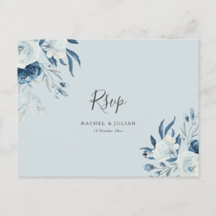 Cartão Postal Casamento floral azul empoeirado RSVP