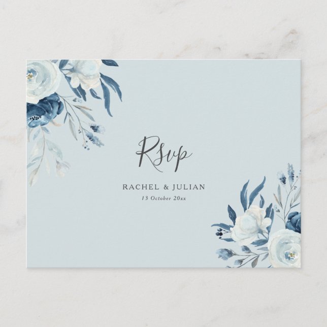 Cartão Postal Casamento floral azul empoeirado RSVP (Frente)